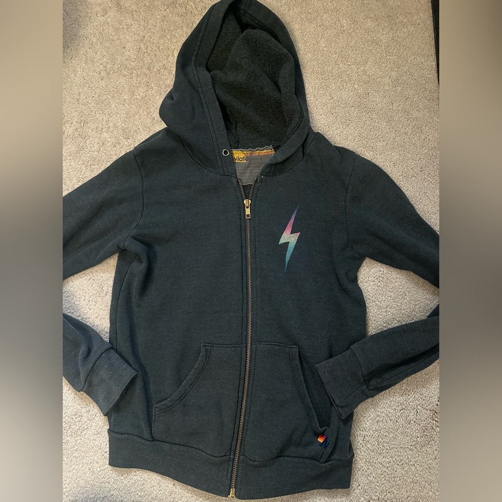 Aviator Nation kids hoodie in dark gray with multicolor thunderbolt sz 12